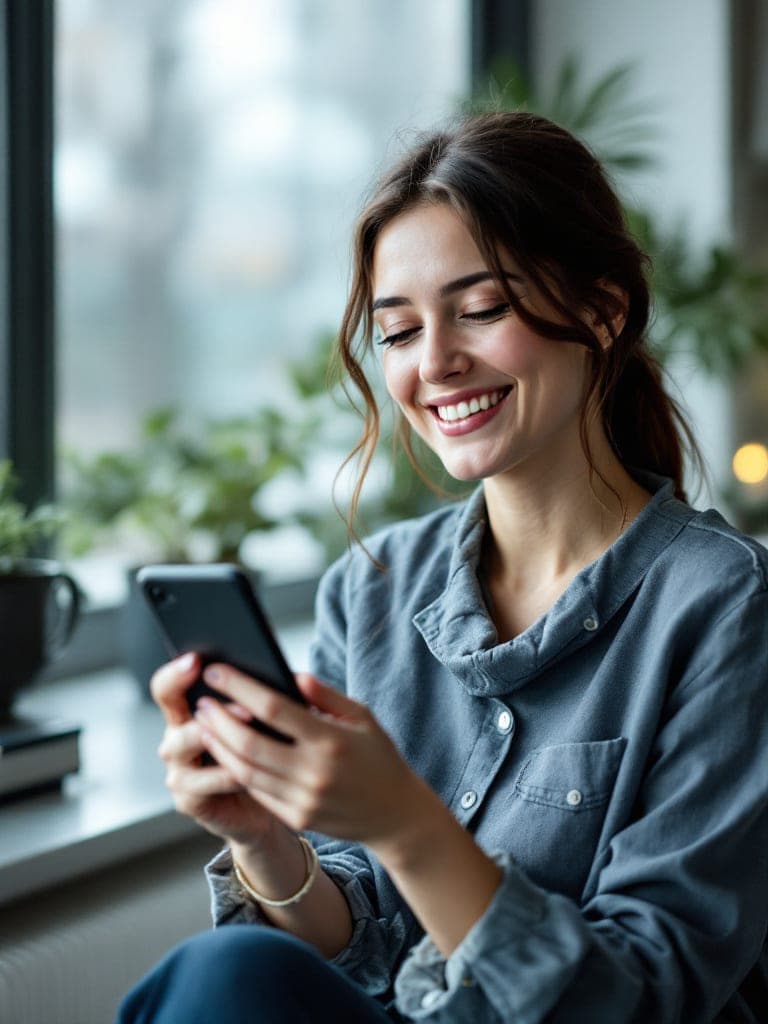 Anna schaut lächelnd auf ihr Handy